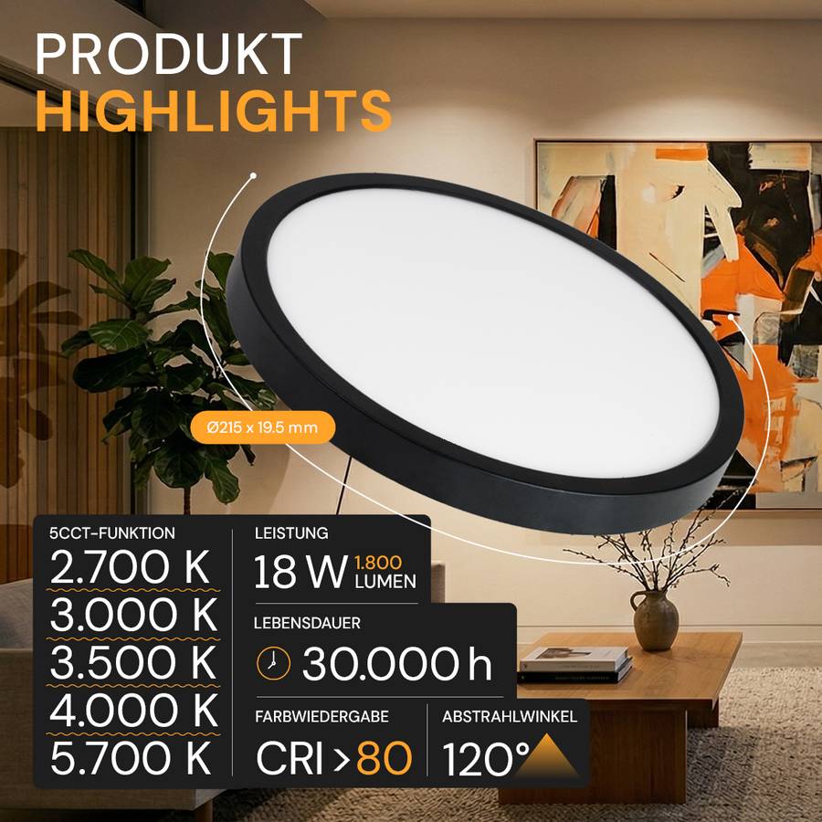 ENOVALITE LED Panel 18W 2700- 5700K Warm- Kaltweiß Dimmbar Einbauleuchte Aufbauleuchte Schwarz Variabler Lochausschnitt-1