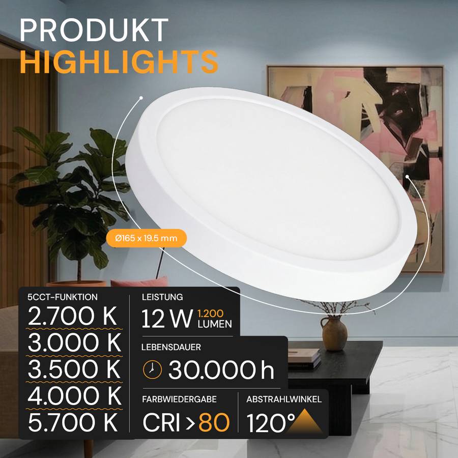 ENOVALITE LED Panel 12W 2700- 5700K Warm- Kaltweiß Dimmbar Variabler Lochausschnitt Einbauleuchte Aufbauleuchte Weiß-2