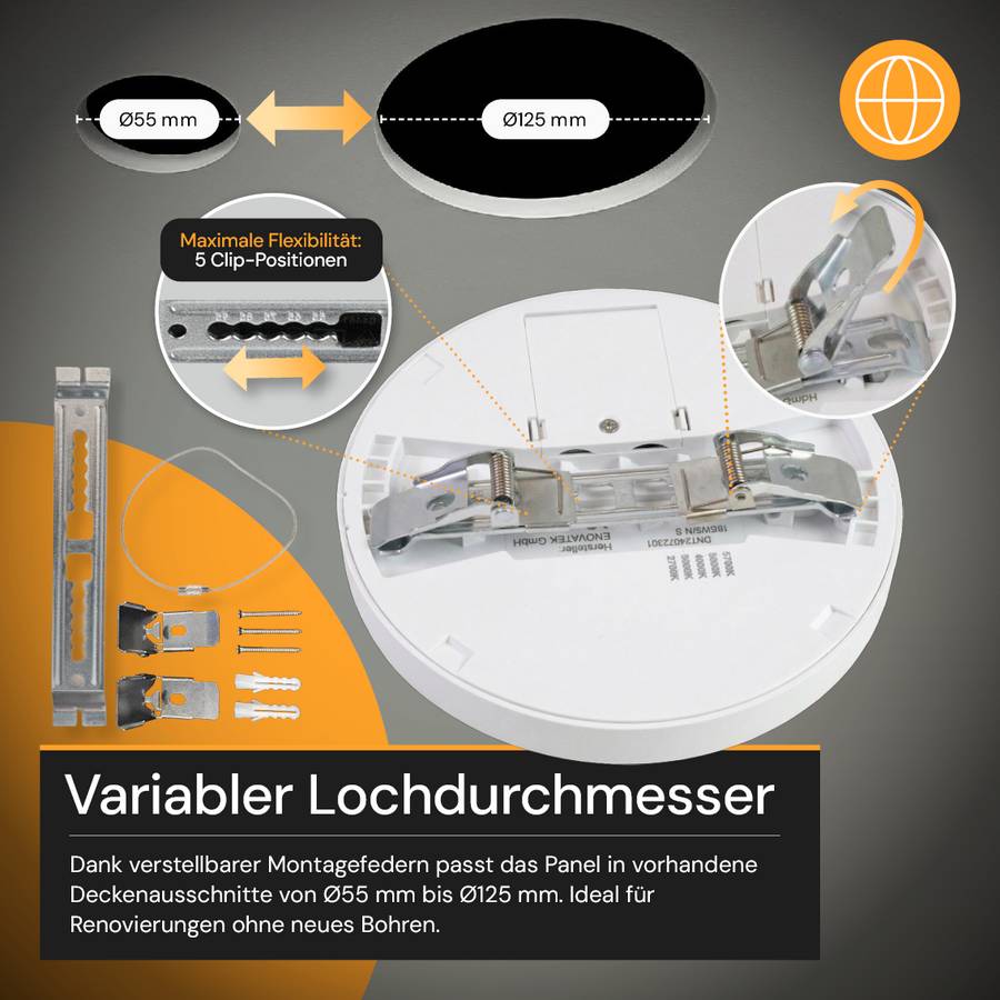 ENOVALITE LED Panel 12W 2700- 5700K Warm- Kaltweiß Einbauleuchte Aufbauleuchte Rund Weiß Variabler Lochdurchmesser IP20-3