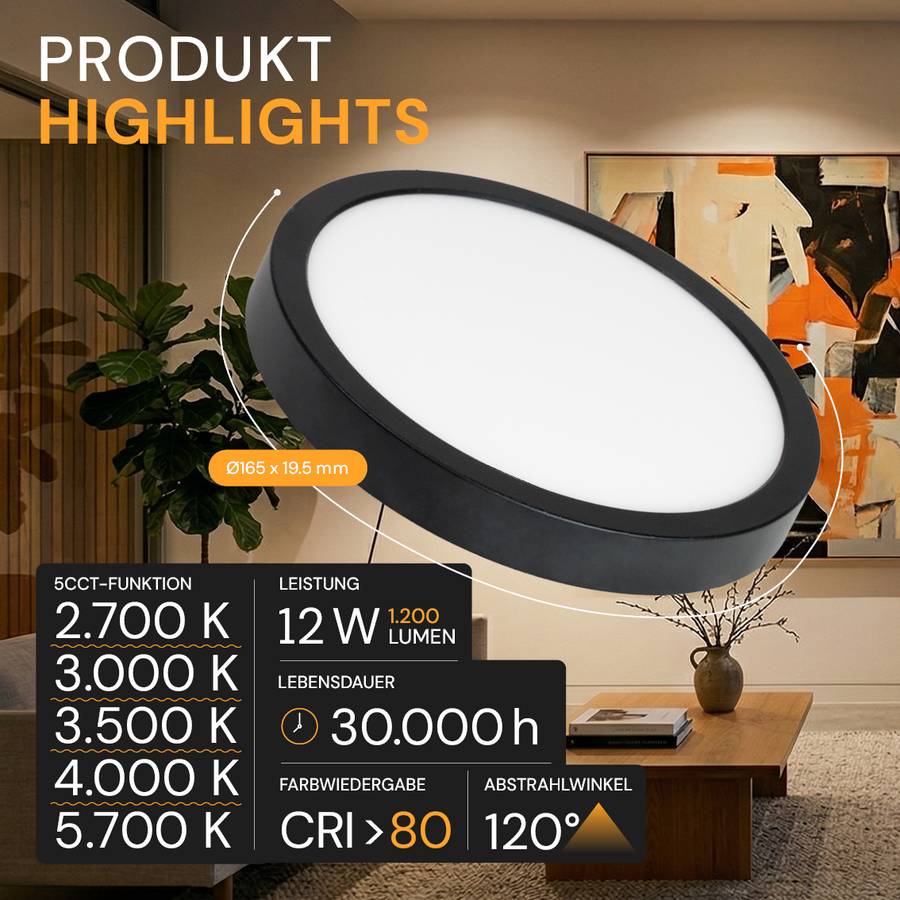 ENOVALITE LED Panel 12W 2700- 5700K Warm- Kaltweiß Dimmbar Variabler Lochausschnitt Einbauleuchte Aufbauleuchte Schwarz-2