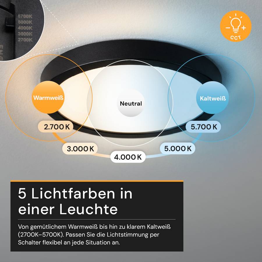 ENOVALITE LED Panel 12W 2700- 5700K Warm- Kaltweiß Dimmbar Variabler Lochausschnitt Einbauleuchte Aufbauleuchte Schwarz-3