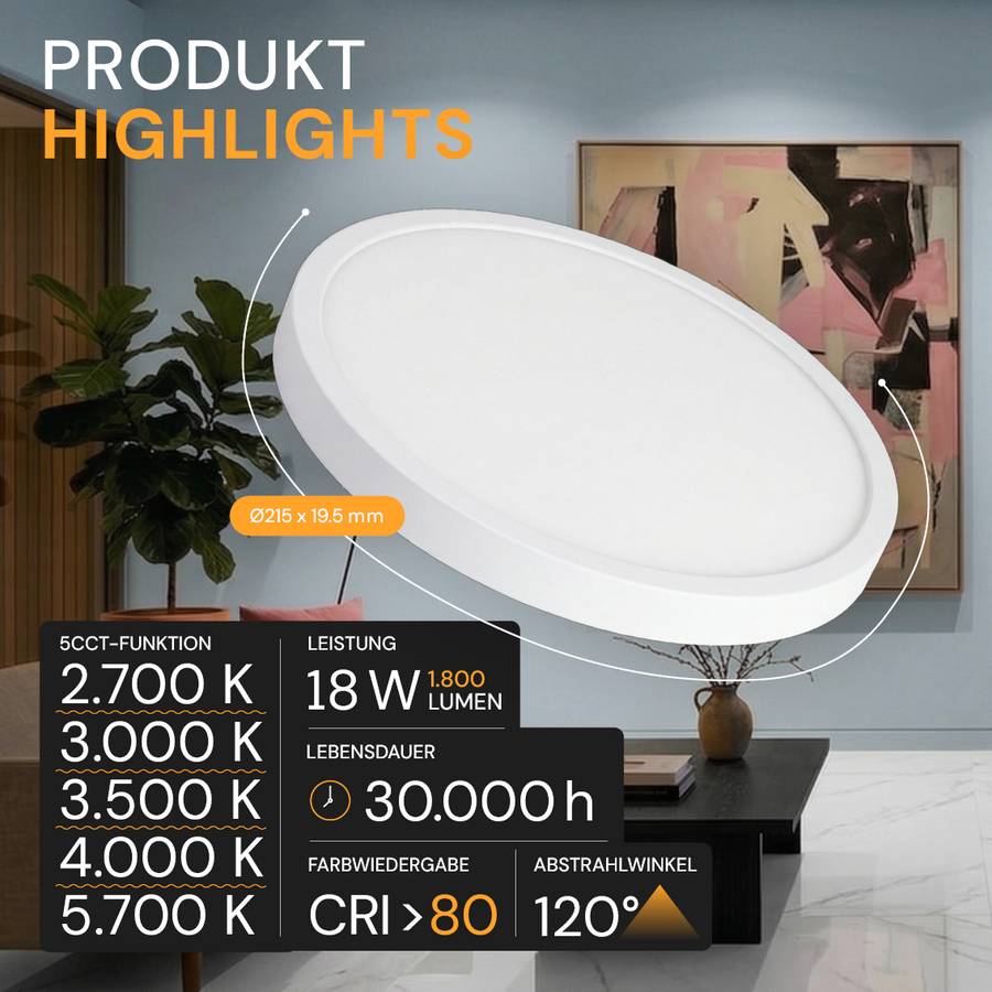 ENOVALITE LED Panel 18W 2700- 5700K Warm- Kaltweiß Dimmbar Einbauleuchte Aufbauleuchte Weiß Variabler Lochausschnitt-2
