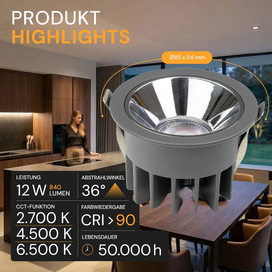 ENOVALITE LED Einbaustrahler 12W CCT 2700- 6500K Warm- Kaltweiß Deckeneinbauleuchte Grau IP65 Wassergeschützt CRI90-2