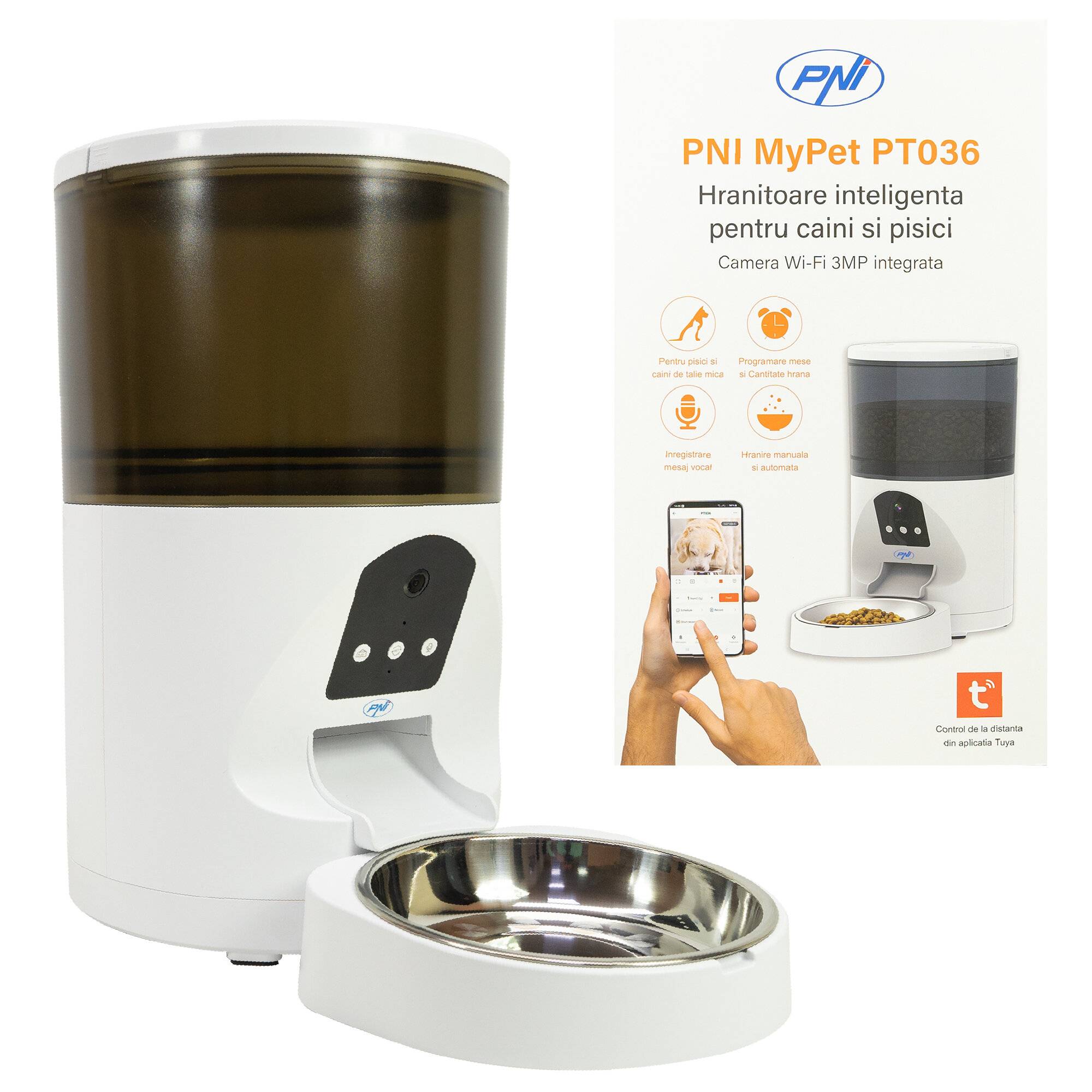 Intelligenter Futterspender für Hunde und Katzen PNI MyPet PT036 mit integrierter 3-MP-Kamera, 6-0