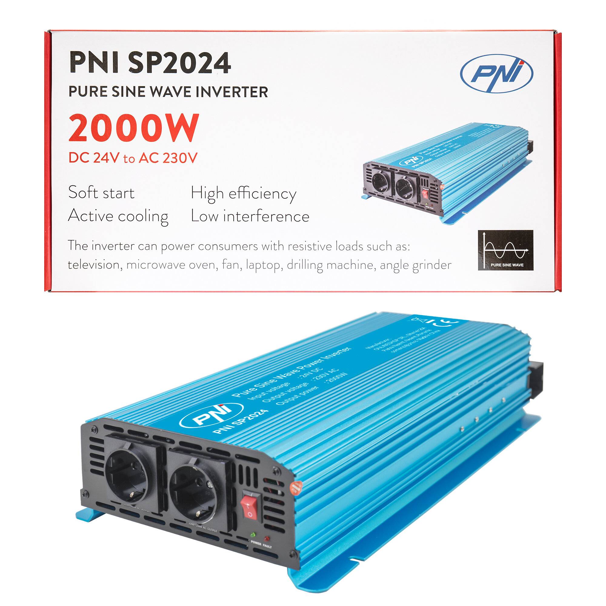 PNI SP2024 Wechselrichter, 24V auf 230V, 2000W Dauerleistung, reine Sinuswelle-0