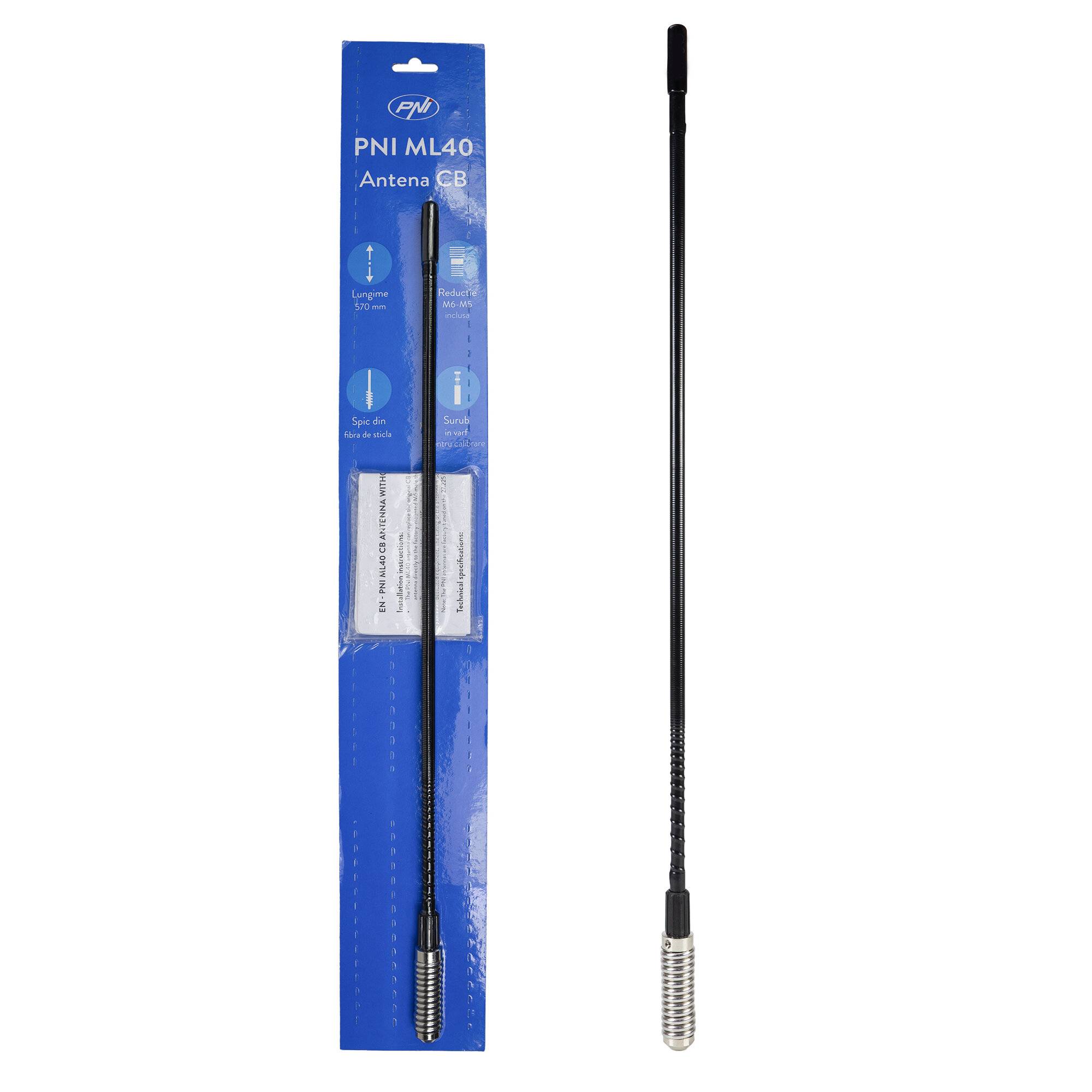Bax 50 Stück CB PNI ML40-Antennen, Länge 57 cm, mit Gewindeadapter männlich-männlich M6 auf M5-0