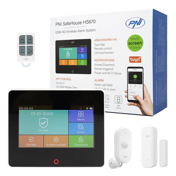 Drahtloses Alarmsystem PNI SafeHouse HS670 WiFi GSM 4G, Farb-Touchscreen, 99 drahtlose Zonen,