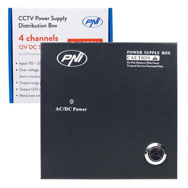 PNI STC52 CCTV-Netzteil 12V, 5A, 60W, 4 Ausgänge, im Metallgehäuse, schwarz