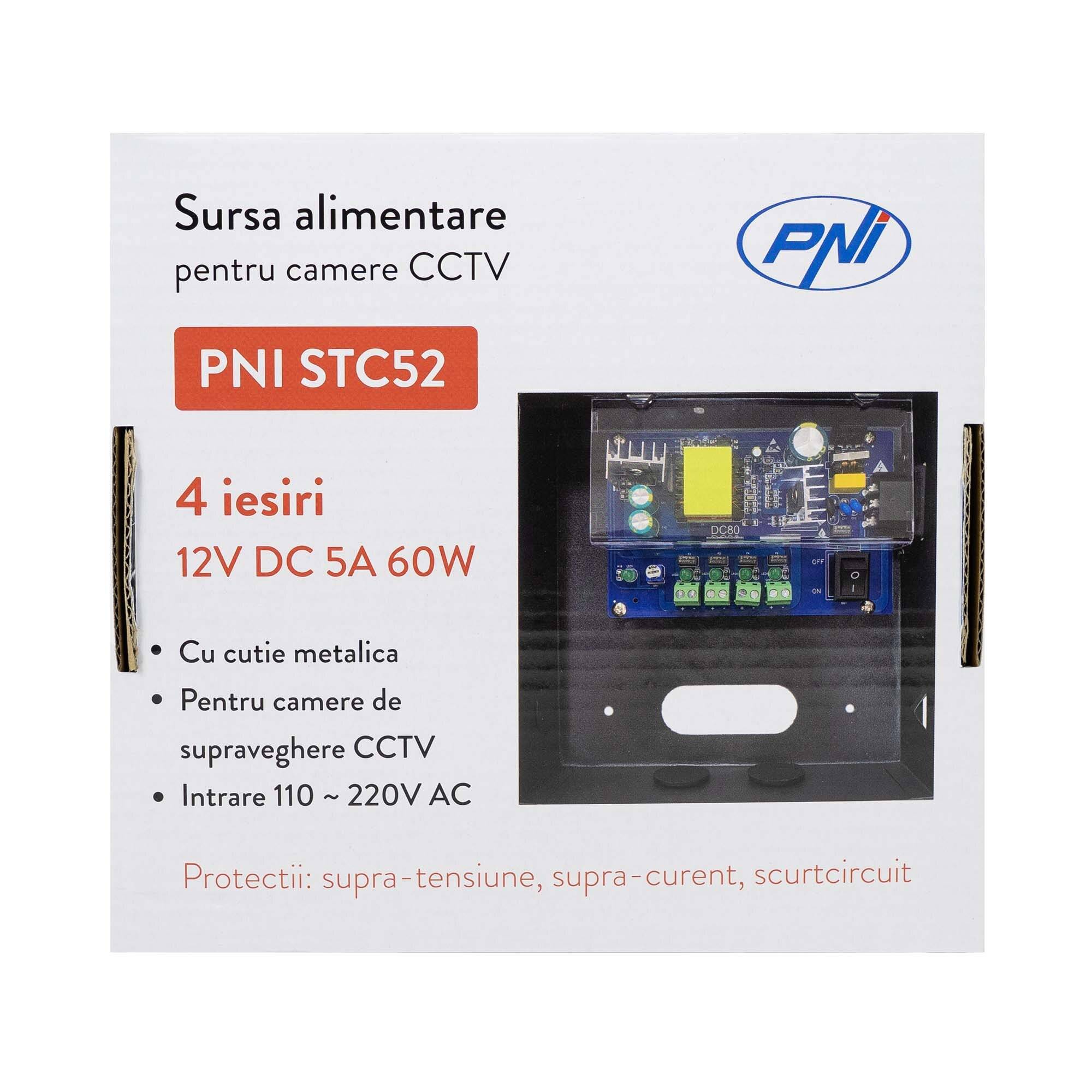 Symbolbild für PNI STC52 CCTV-Netzteil 12V, 5A, 60W, 4 Ausgänge, im Metallgehäuse, schwarz