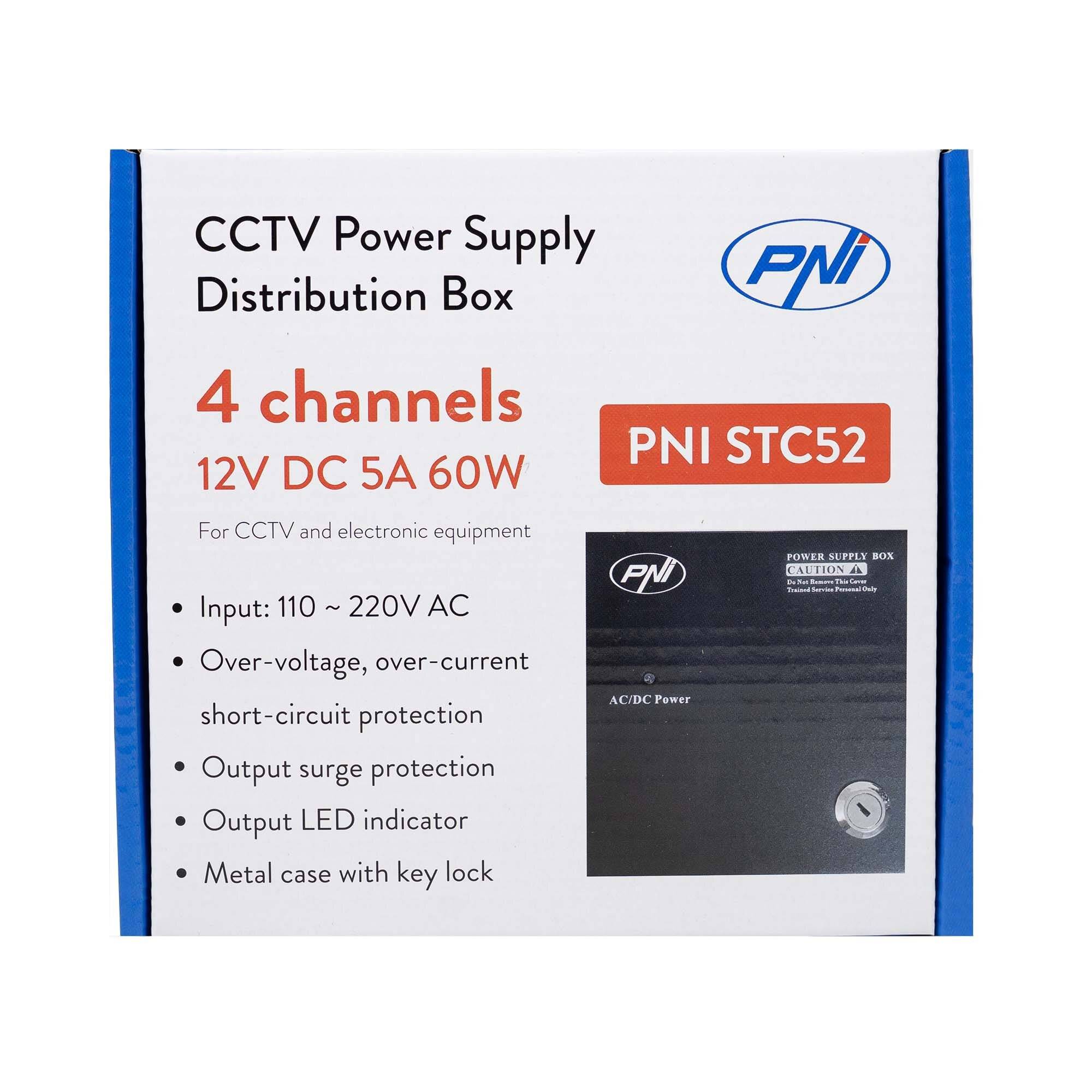 Symbolbild für PNI STC52 CCTV-Netzteil 12V, 5A, 60W, 4 Ausgänge, im Metallgehäuse, schwarz