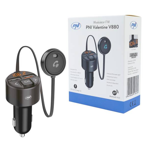 FM PNI Valentine V880-Modulator mit Mikrofon, Bluetooth 5.0, MP3-Player, FM-Sender, doppeltem