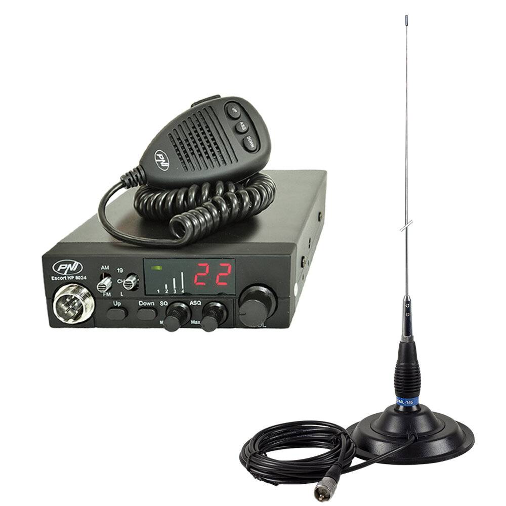 CB-Funkgerät-Set PNI Escort HP 8024 mit ML145 Antenne, 12/24V, ASQ, 4W Sendeleistung