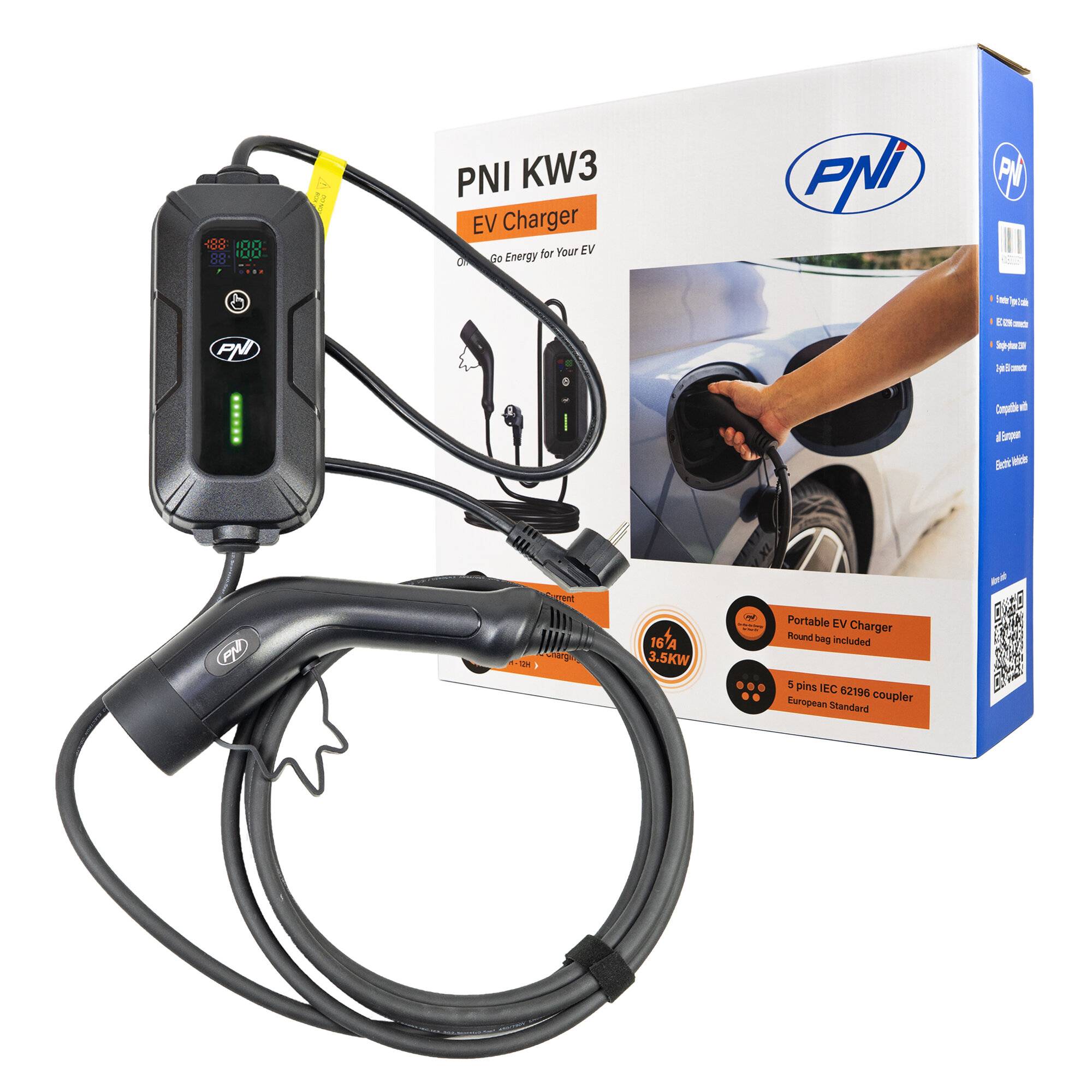 Tragbares Ladegerät PNI KW3, 3.5 kW, 16 A, Typ 2, 230 V, einphasig, mit Timer-0