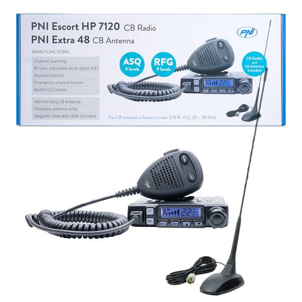 CB PNI Escort HP 7120 ASQ-Radiosender-Kit mit HF-Verstärkung, 4 W, 12 V und PNI Extra 48 Antenne