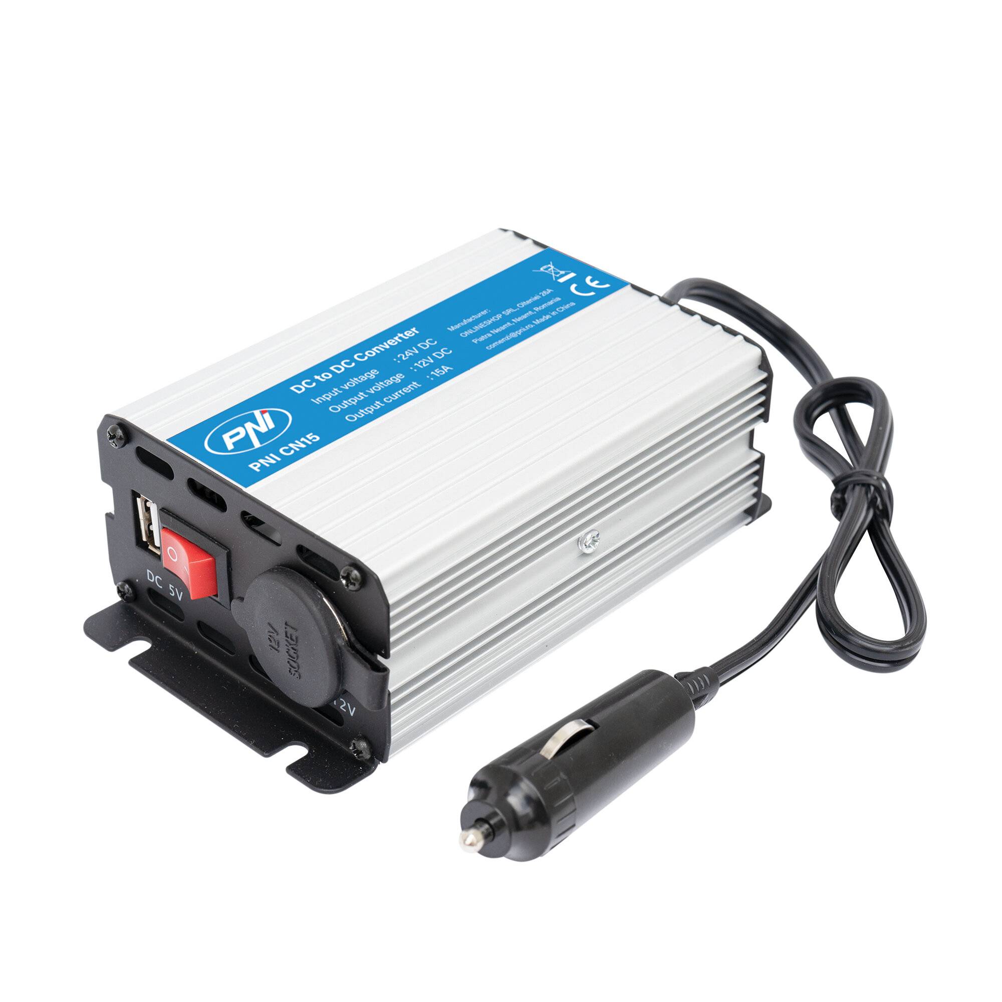 PNI CN15 Spannungswandler 180W, 24V-12V, 15A, USB 2.0, Ausgang Kurzschlussschutz-0