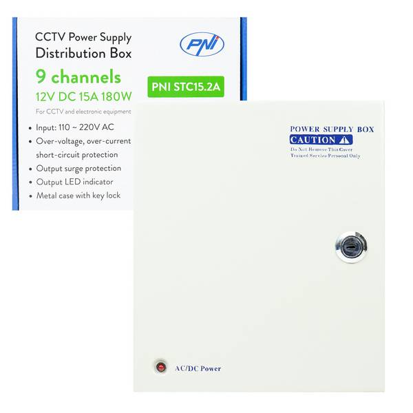 CCTV-Netzteil PNI STC15.2A in Metallbox, 12V 15A 180W, 9 Ausgänge