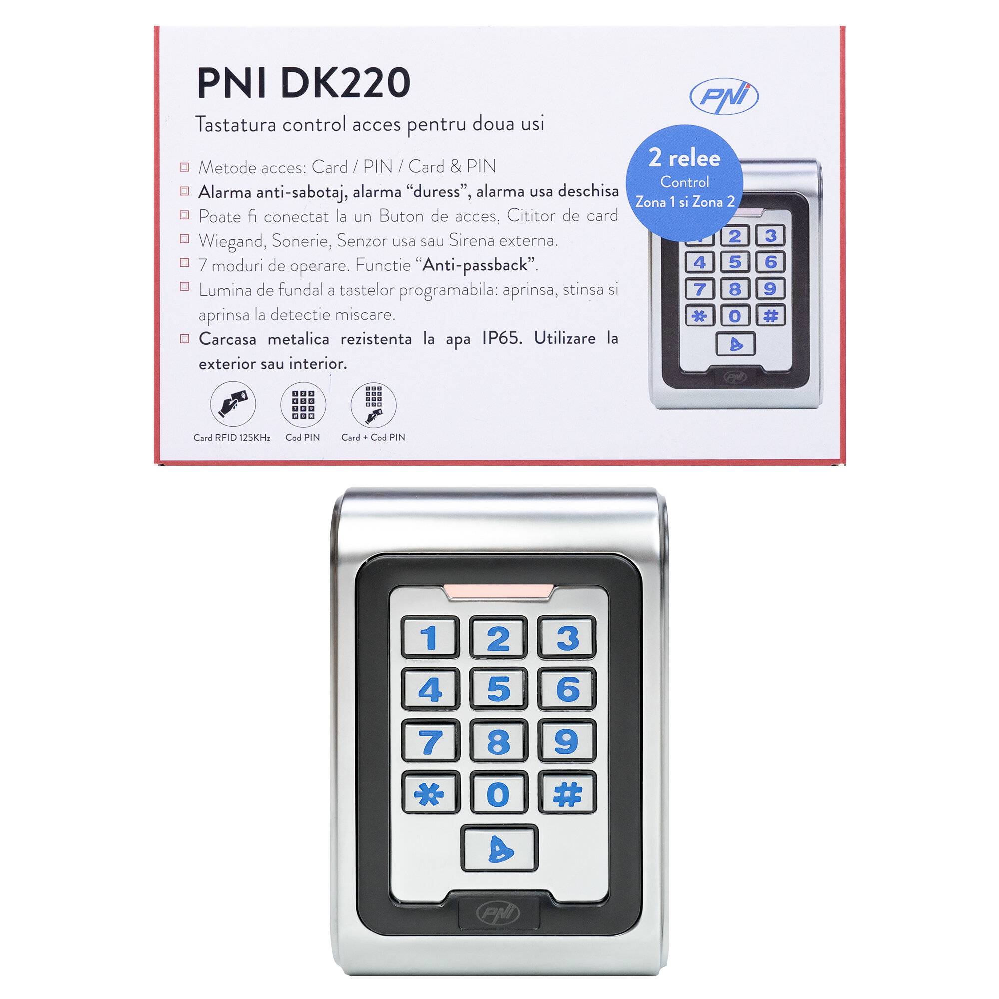 Zutrittskontrolltastatur PNI DK220, Standalone, außen und innen, IP65, mit 2 Relais-0