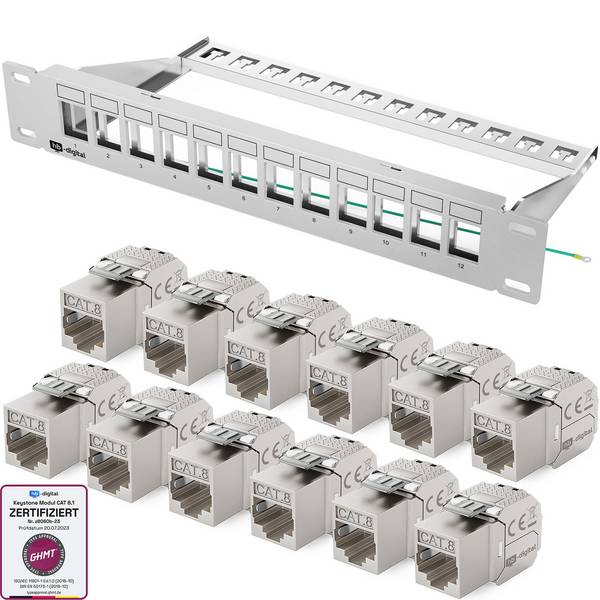 hb-digital Patchpanel 10 Zoll 12 Port CAT 8.1 mit RJ45 Keystone Modulen 1HE Grau