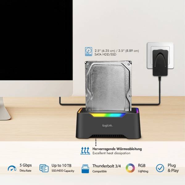 USB 3.2 Gen1 Docking Station, 1-Bay, for 2,5/3,5" SATA HDD/SSD, RGB-2