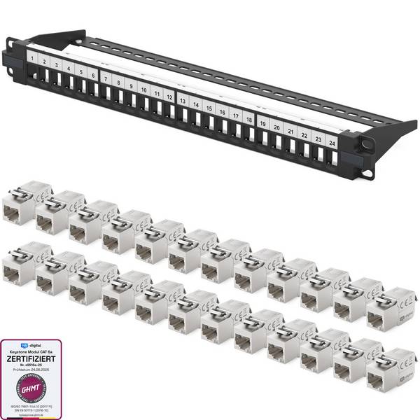 hb-digital Patchpanel 19 zoll 24-Port mit CAT 6a RJ45 Keystone Module schwarz 1HE