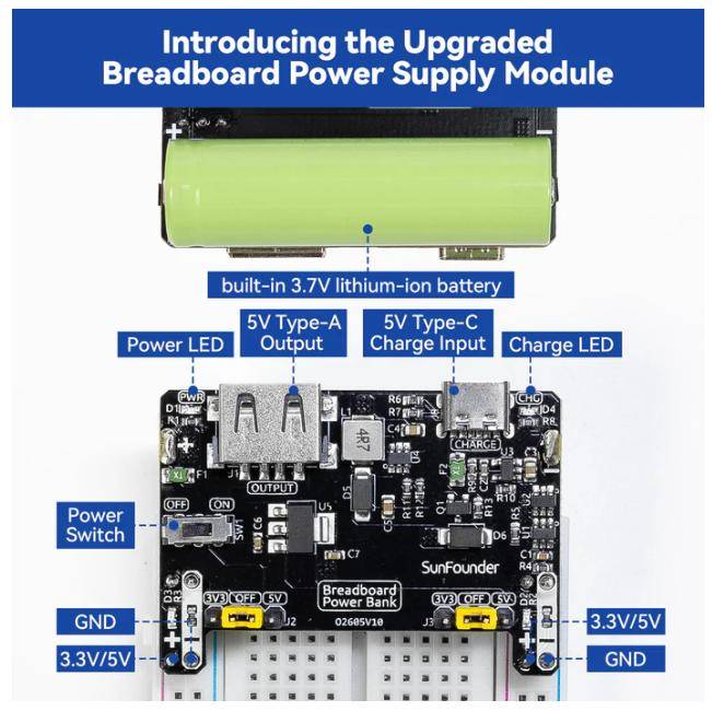 SunFounder BreadVolt Breadboard Akku Stromversorgung, 5V/1,5A oder 3,3V/1A, USB-C-1