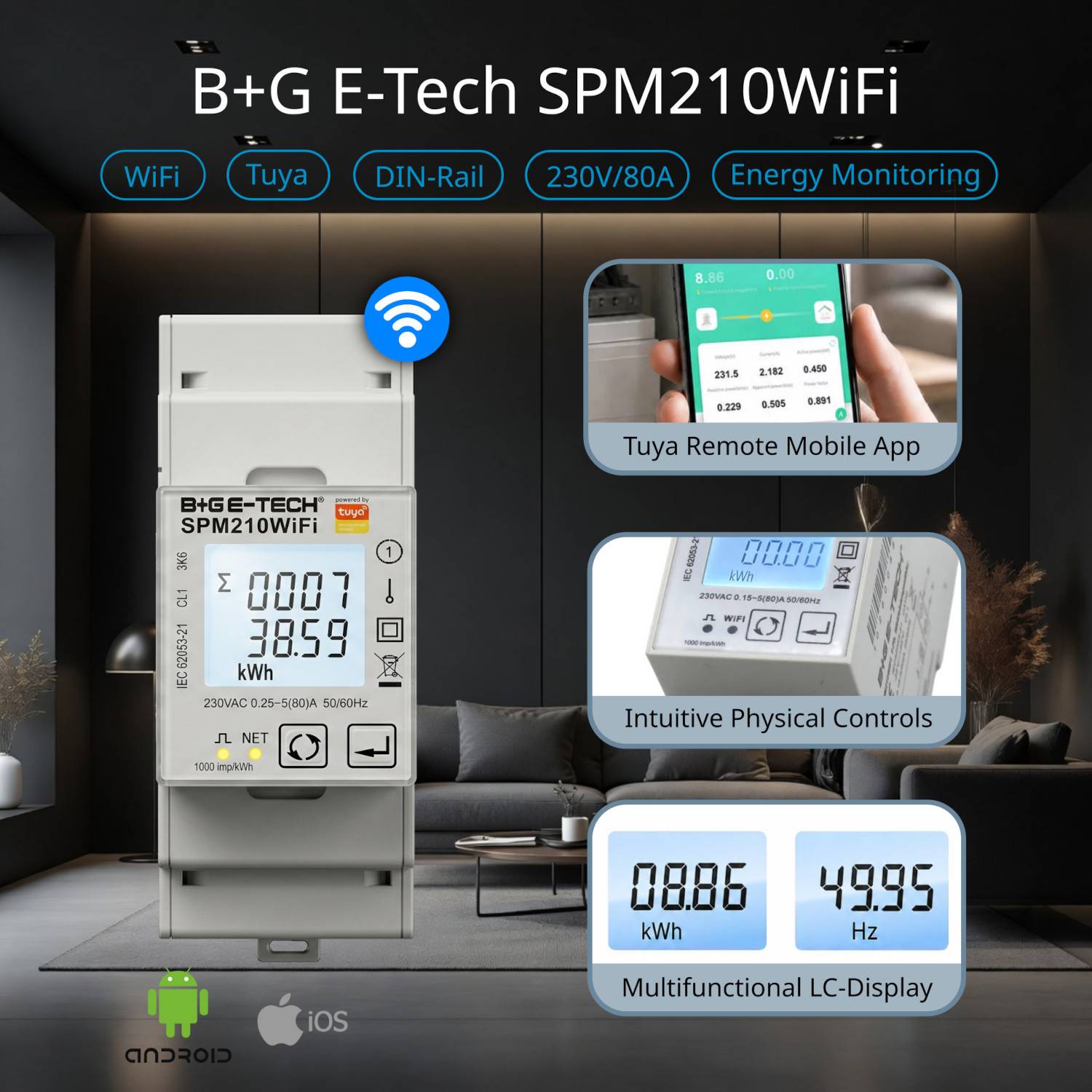 B+G E-Tech SPM210WiFi - Wechselstromzähler für DIN Hutschiene 80A digital WiFi Tuya Android iOS Remote-3
