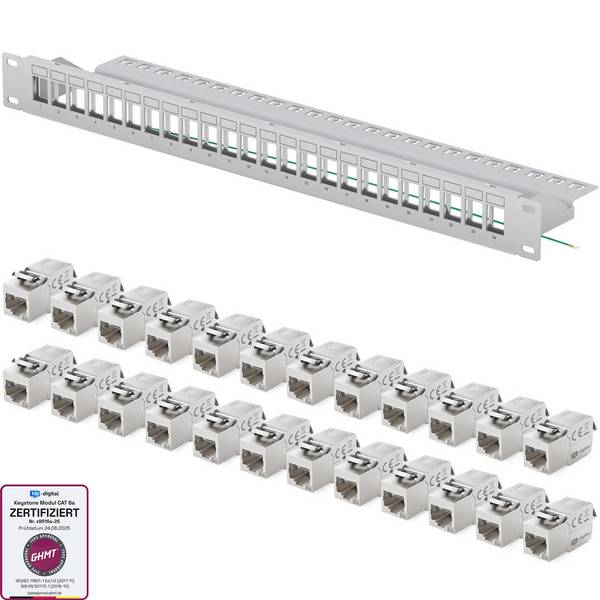 hb-digital Patchfeld 19 zoll 24-Port mit CAT 6a RJ45 Keystone Module grau 1HE