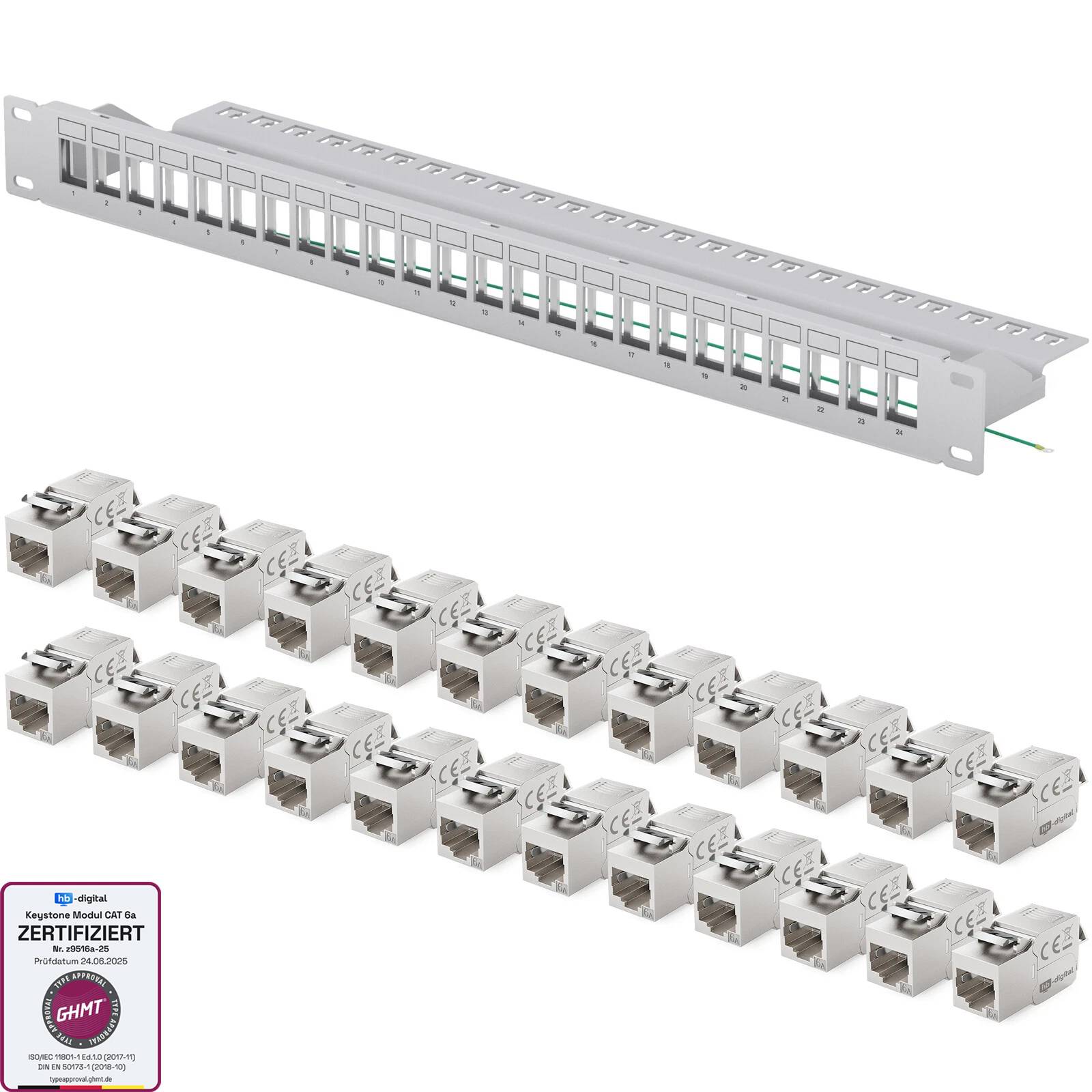 hb-digital Patchfeld 19 zoll 24-Port mit CAT 6a RJ45 Keystone Module grau 1HE-0