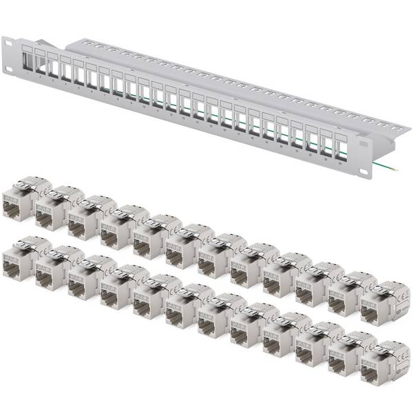 hb-digital Patchfeld 19 zoll 24-Port mit CAT 7 RJ45 Keystone Module grau 1HE