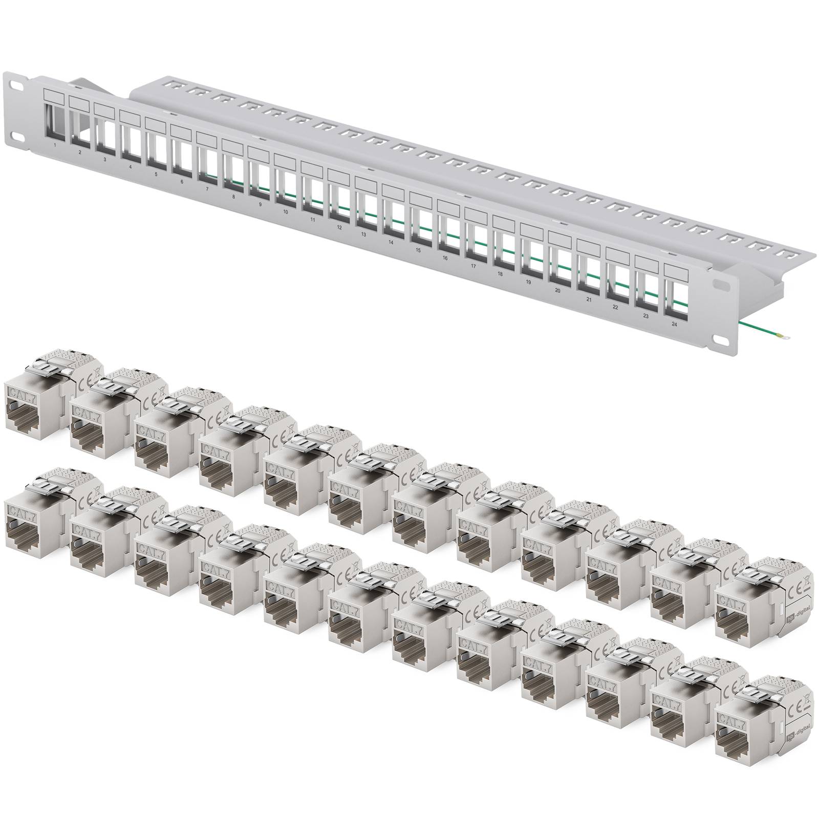hb-digital Patchfeld 19 zoll 24-Port mit CAT 7 RJ45 Keystone Module grau 1HE-0
