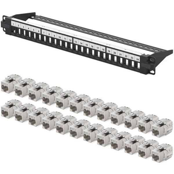 hb-digital Patchpanel 19 zoll 24-Port mit CAT 7 RJ45 Keystone Module schwarz 1HE