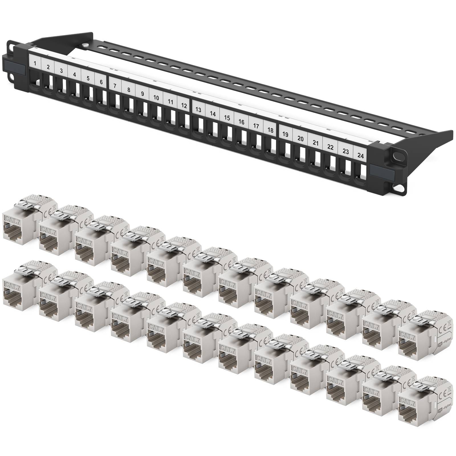 hb-digital Patchpanel 19 zoll 24-Port mit CAT 7 RJ45 Keystone Module schwarz 1HE-0