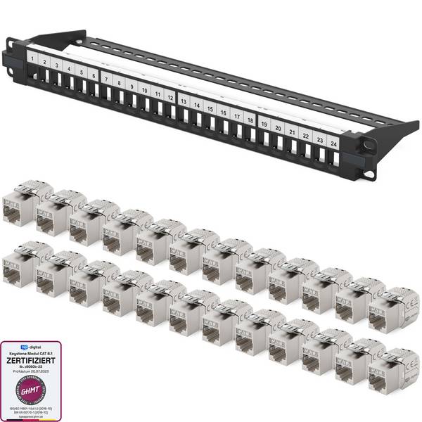 hb-digital Patchpanel 19 zoll 24-Port mit CAT 8.1 RJ45 Keystone Module schwarz 1HE