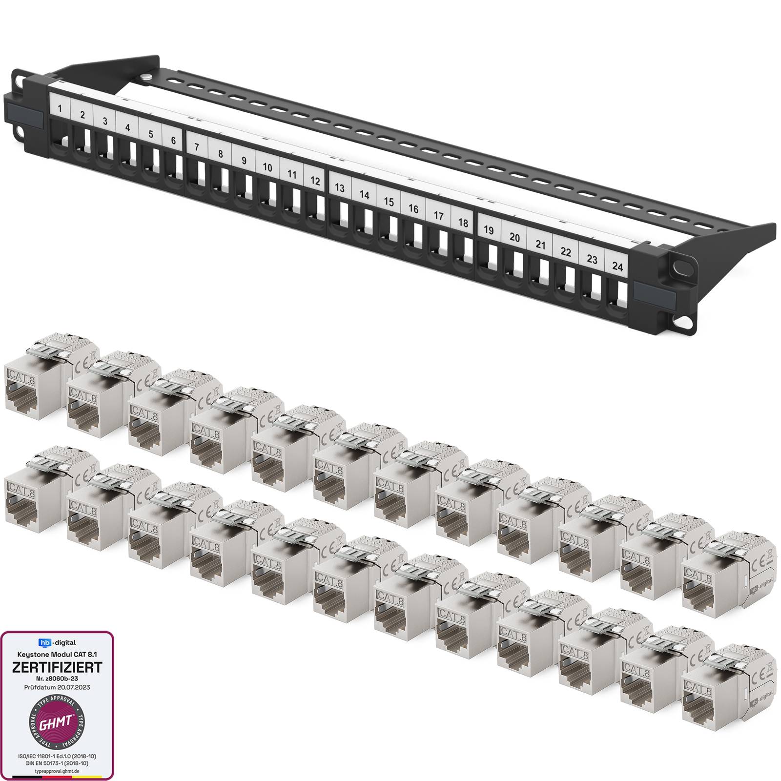 hb-digital Patchpanel 19 zoll 24-Port mit CAT 8.1 RJ45 Keystone Module schwarz 1HE-0