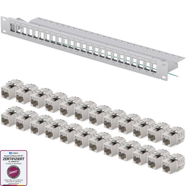 hb-digital Patchpanel 19 zoll 24-Port mit CAT 8.1 RJ45 Keystone Module grau 1HE