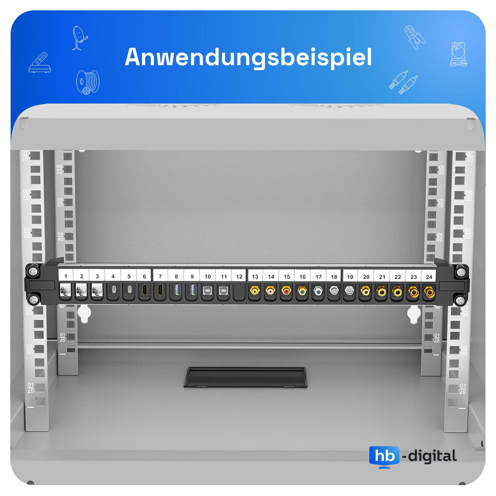 hb-digital Patchpanel 19 zoll / Patchfeld 24-Port für Keystone Module schwarz-1