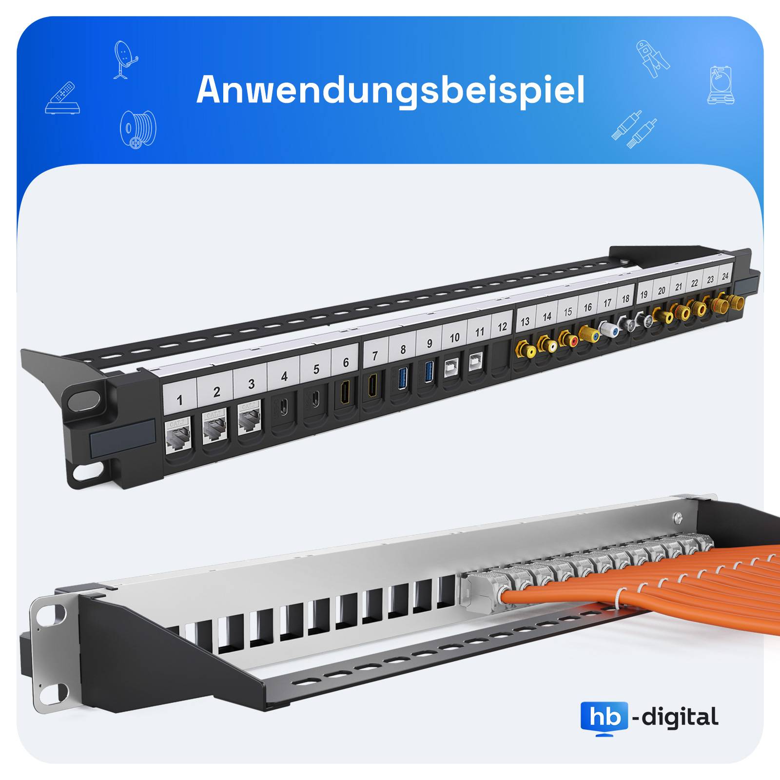 hb-digital Patchpanel 19 zoll / Patchfeld 24-Port für Keystone Module schwarz-3
