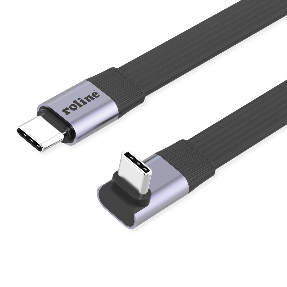 ROLINE USB4 2.0 Flachkabel, C–C, ST/ST, 8K UHD-2, 80Gbit/s, 240W, einseitig 270°-gewinkelt, schwarz, 0,8 m-0