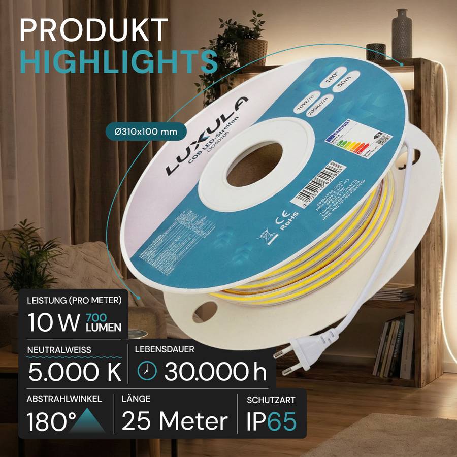 LUXULA COB LED Streifen 10W/m 5000K Neutralweiß Lichtschlauch 25m IP65 Wassergeschützt 220V Kürzbar Erweiterbar Weiß-1