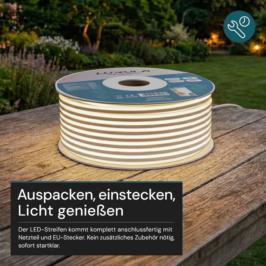 LUXULA COB LED Streifen 10W/m 5000K Neutralweiß Lichtschlauch 25m IP65 Wassergeschützt 220V Kürzbar Erweiterbar Weiß-4