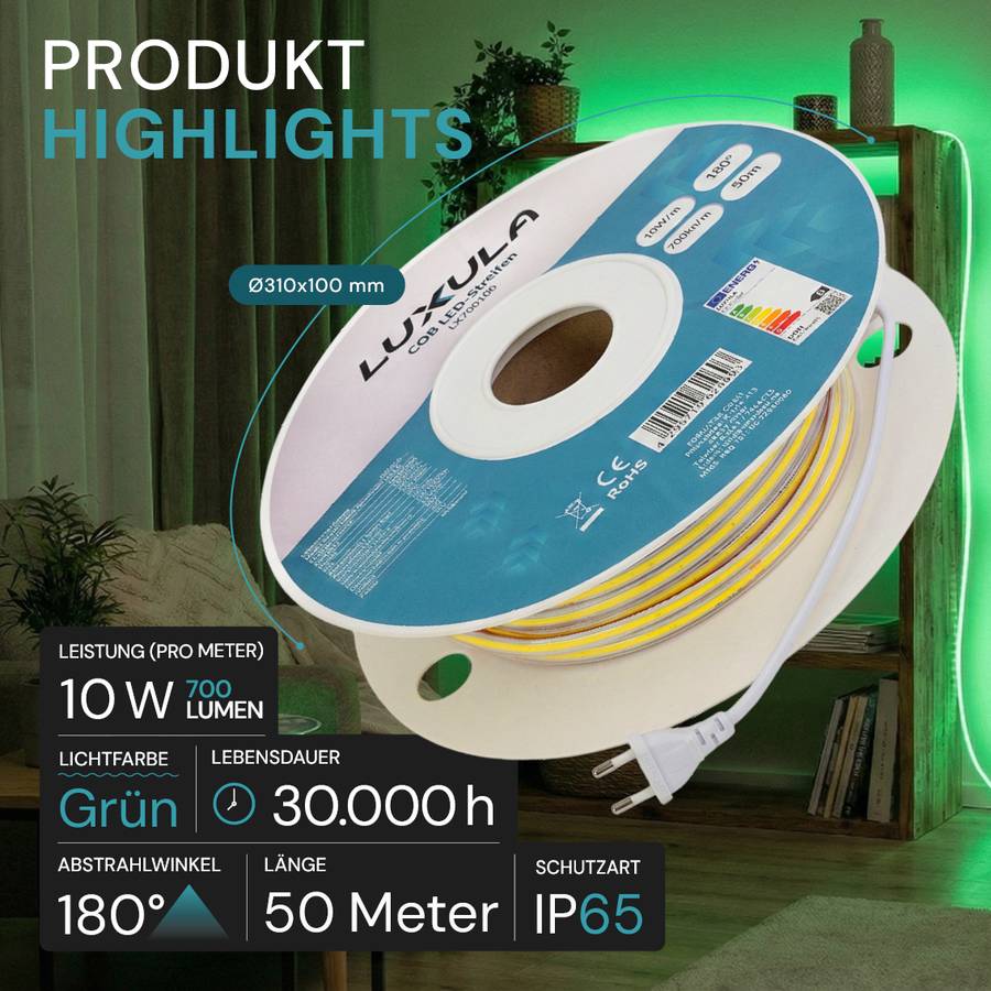 LUXULA COB LED Streifen 10W/m Grün Lichtschlauch 50m IP65 Wassergeschützt 220V Kürzbar Erweiterbar Farbig Dekoration-1