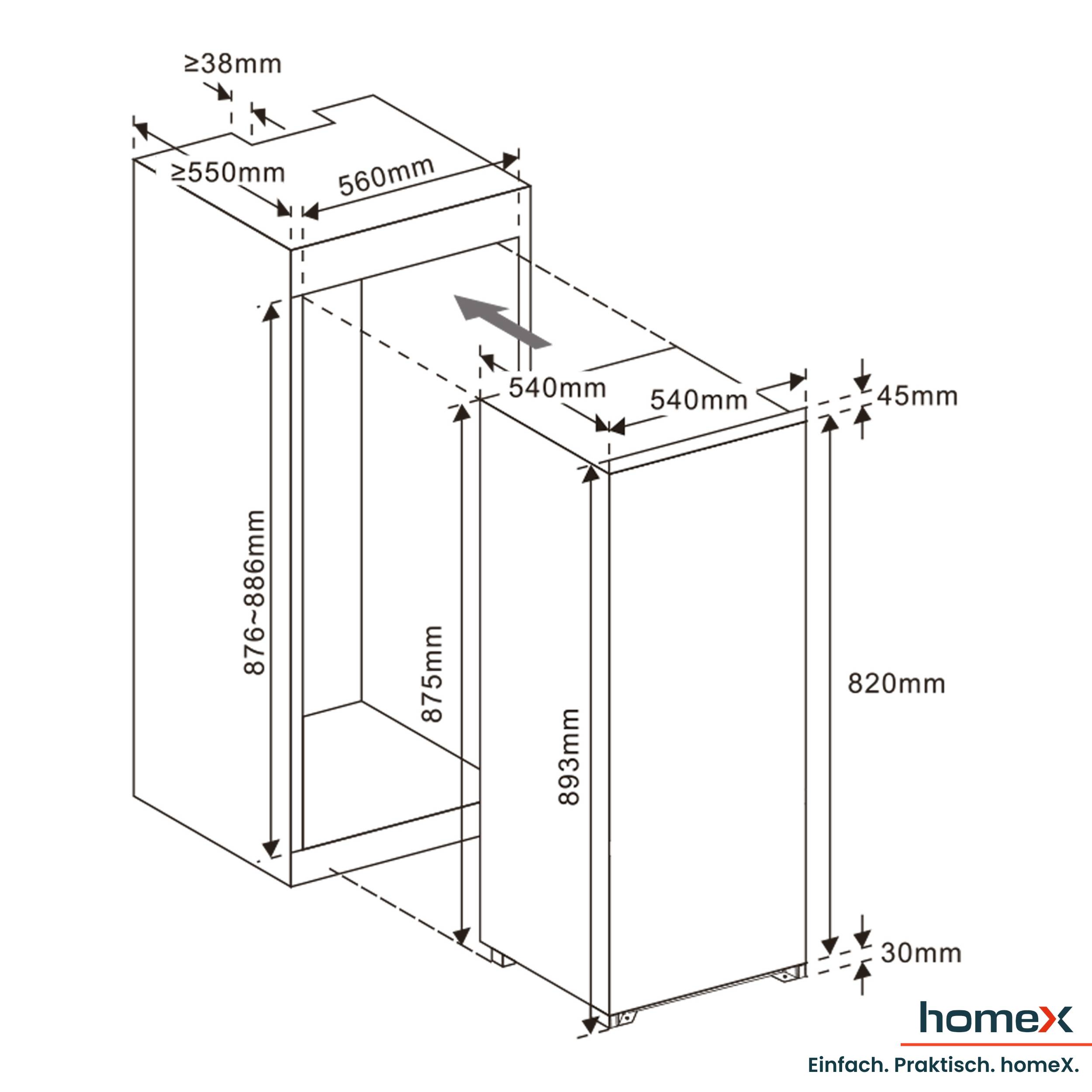 homeX CFB1181E Einbaukühlschrank mit Gefrierfach, 88cm Nische - 118 Liter, Schlepptürtechnik, LED-Beleuchtung, 37 dB-1