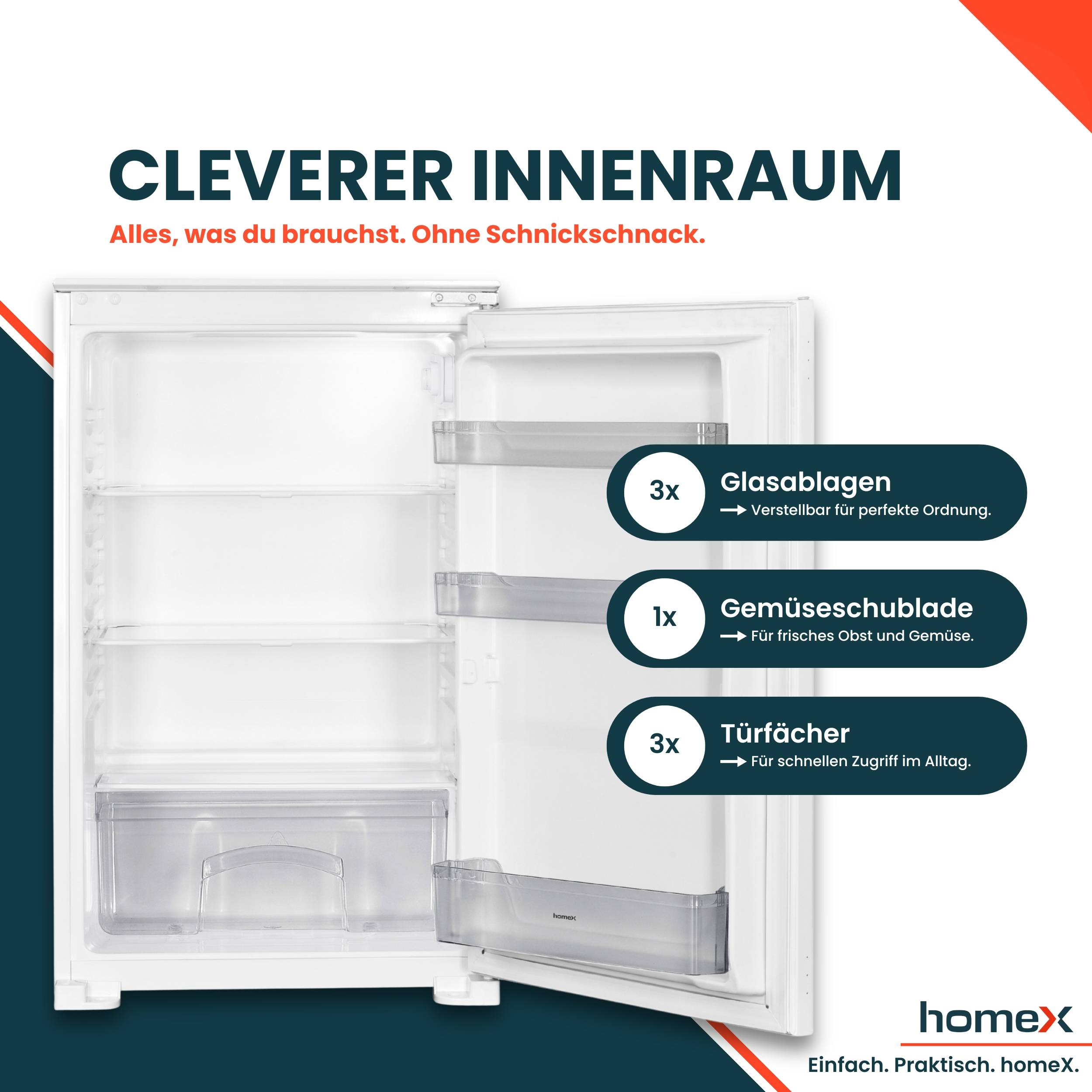 homeX CB1291E Einbaukühlschrank ohne Gefrierfach, 88cm Nische - 129 Liter, Schlepptürtechnik, LED-Beleuchtung, 37 dB-3