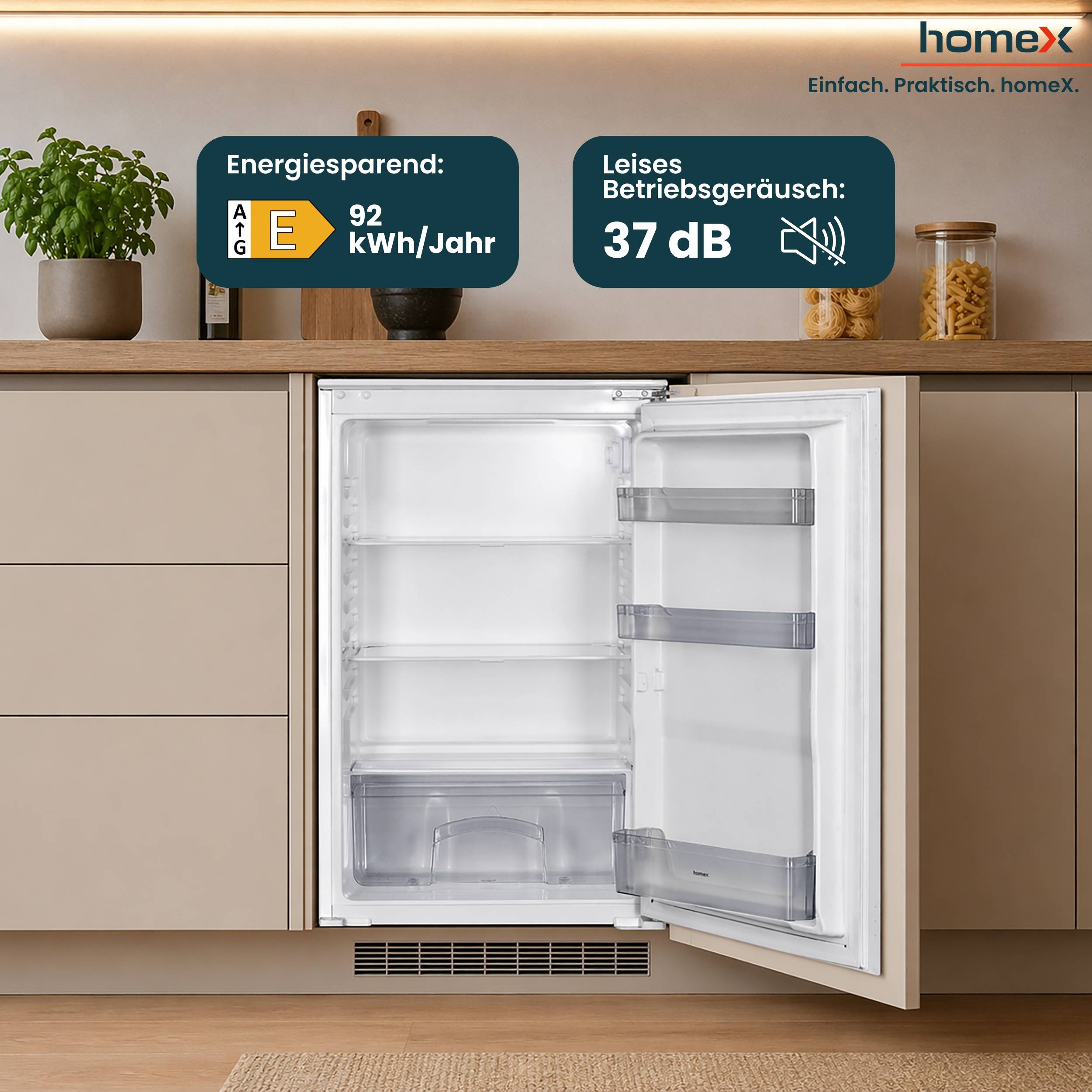 homeX CB1291E Einbaukühlschrank ohne Gefrierfach, 88cm Nische - 129 Liter, Schlepptürtechnik, LED-Beleuchtung, 37 dB-4