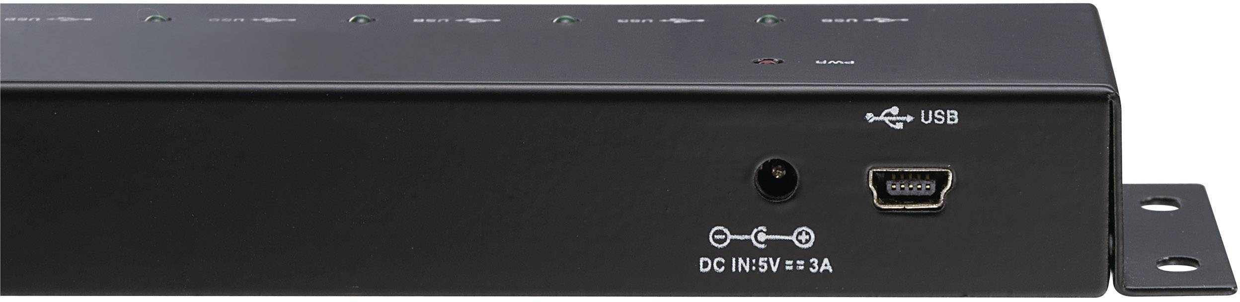 Ein schwarzes elektronisches Gerät mit mehreren LED-Lichtern auf der Oberseite. Rechts sind ein USB-Anschluss und ein Stromanschluss zu sehen.