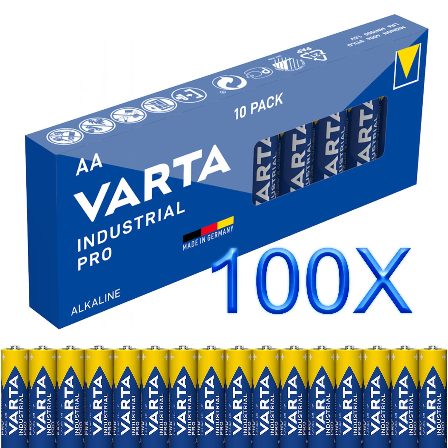 Varta Industrial Pro AA Mignon Alkaline Batterien LR6 - 100er Pack, umweltschonende Verpackung von akkupilot-0