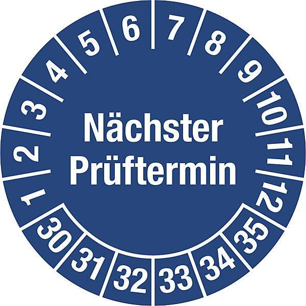 Nächster Prüftermin Mehrjahreszahlen Dokumentenfolie Ø 30 mm VE 10 Stk 30 - 35 blau. H. Marahrens
