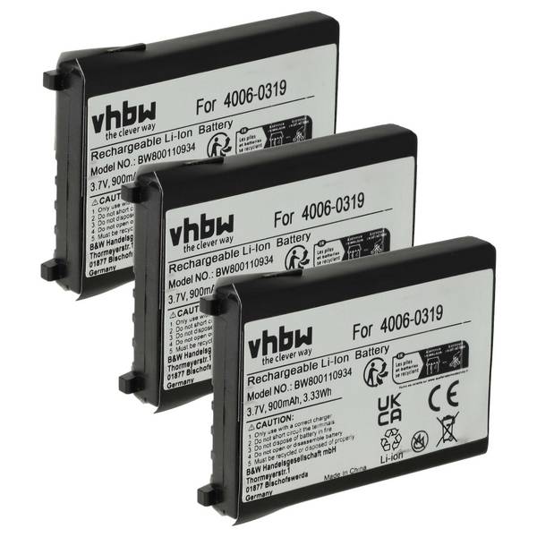 vhbw 3x Akku Ersatz für PSC 600538 | 633808121235, 4006-0319, 191-908304-200 für Barcodescanner POS (900 mAh, 3,7 V