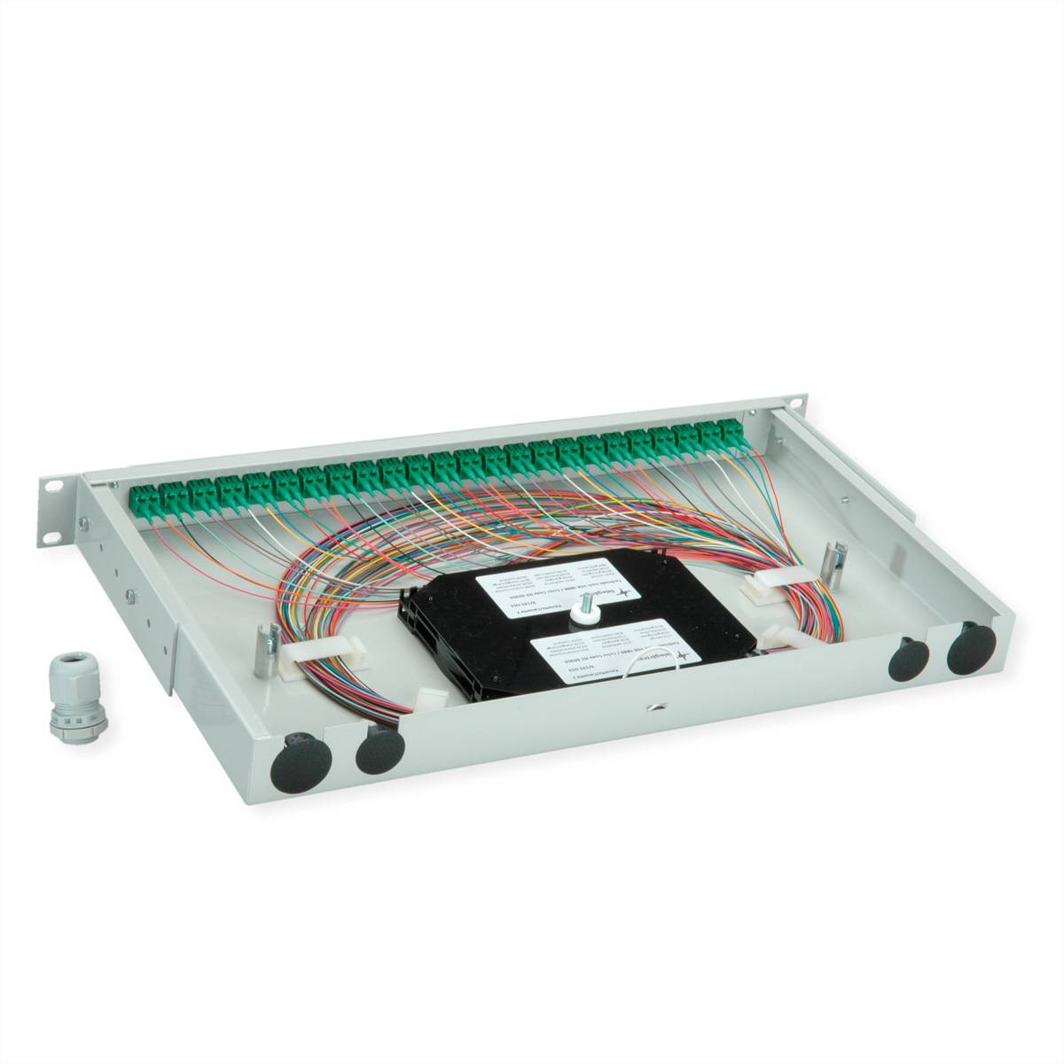 TELEGÄRTNER BASIS V LWL-Panel mit Kupplungen & Pigtails, 24x LC Duplex, grün, OS2 APC-2