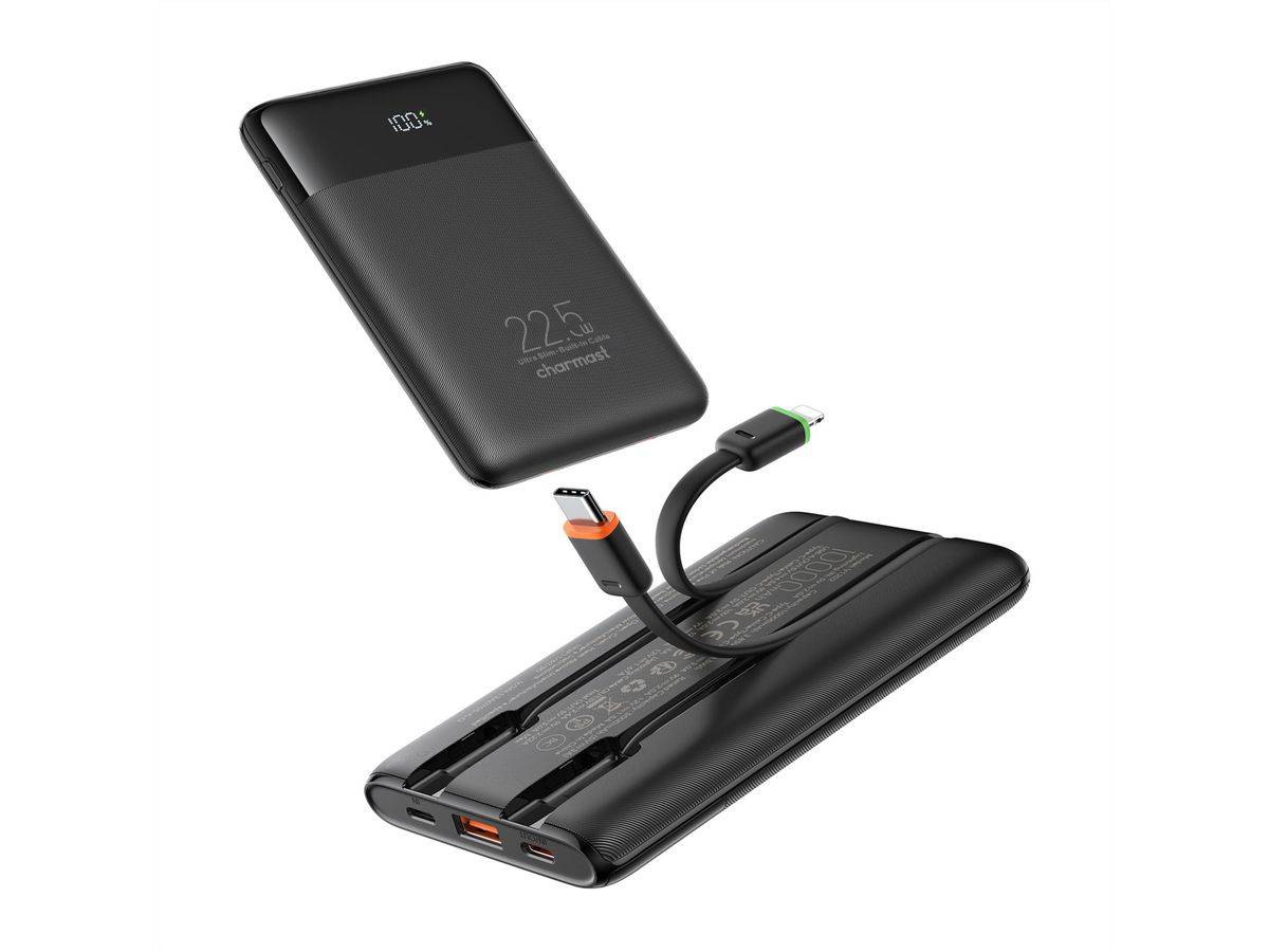 CHARMAST Powerbank W1202 10000mah black, Ultraslim Powerbank mit USB-C und Apple 8-Pin Kabel integriert Powerbank mit 1-4